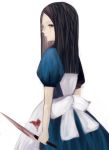  1girl alice:_madness_returns alice_(wonderland) alice_in_wonderland american_mcgee&#039;s_alice apron black_hair blood closed_mouth dress knife long_hair looking_at_viewer simple_background solo white_background 