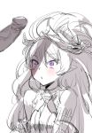  1girl bare_shoulders big_hair blush bow_(bhp) granblue_fantasy hair_between_eyes long_hair medusa_(shingeki_no_bahamut) parted_lips penis penis_awe penis_shadow pointy_ears purple_eyes simple_background solo_focus spot_color upper_body white_background 