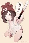  1girl arm_up beanie blush brown_hair commentary_request eyebrows_visible_through_hair eyelashes fang fingernails food hat holding holding_food holding_pocky looking_at_viewer mouth_hold pocky pokemon pokemon_(game) pokemon_sm red_headwear selene_(pokemon) shirt shoes shorts skin_fang sleeveless sleeveless_shirt smile solo speech_bubble squatting tied_shirt toku_(ke7416613) translation_request 