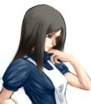  1girl alice:_madness_returns alice_(wonderland) alice_in_wonderland american_mcgee&#039;s_alice apron black_hair breasts ceramic_man closed_mouth dress green_eyes long_hair simple_background solo white_background 