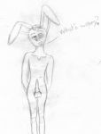  animal_humanoid anthro balls english_text erection eyebrows fur gardeboi genitals humanoid lagomorph leporid line_art lis looking_at_viewer male mammal nude open_mouth penis rabbit simple_background sketch smile smirk solo solo_focus standing text 