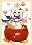  1girl blue_eyes blush cape carrot celery dress food fork genshin_impact hair_between_eyes halo highres looking_at_viewer mushroom onion open_mouth paimon_(genshin_impact) pot potato scarf short_hair soup sugar_cube white_dress white_hair xoaiu 