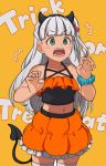  1girl arm_scrunchie background_text bangs blunt_bangs claw_pose eyebrows_visible_through_hair fake_horns fujinoki_(horonabe-ken) green_eyes hair_ribbon halloween halloween_costume horns kantai_collection long_hair maestrale_(kantai_collection) navel one_side_up open_mouth orange_background ribbon scrunchie simple_background skirt solo tail thighhighs trick_or_treat 