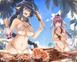  2girls :d bikini black_hair blue_sky blush braid breasts cleavage cloud collar drooling food fumafu highres jug karura_(utawareru_mono) long_hair meat multiple_girls navel open_mouth outdoors palm_tree ponytail purple_eyes purple_hair sky smile sweatdrop swimsuit teeth touka_(utawareru_mono) tree utawareru_mono utawareru_mono:_itsuwari_no_kamen white_bikini yakiniku 