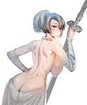  1girl ass bow_(bhp) breasts butt_crack closed_mouth dimples_of_venus green_eyes grey_hair half-closed_eyes hand_on_hip holding holding_sword holding_weapon huge_breasts long_sword looking_at_viewer looking_back medium_hair original ponytail simple_background solo sword topless weapon white_background 