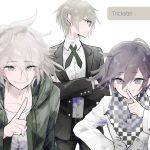  bangs black_jacket black_pants blonde_hair brown_eyes checkered checkered_scarf collared_shirt commentary_request crossed_arms danganronpa danganronpa_1 finger_to_mouth glasses green_jacket grey_hair grin hair_between_eyes hood hooded_jacket index_finger_raised jacket komaeda_nagito long_sleeves looking_at_viewer male_focus multiple_boys new_danganronpa_v3 ouma_kokichi pants purple_hair scarf shirt short_hair shushing simple_background smile straitjacket super_danganronpa_2 togami_byakuya u_u_ki_u_u white_background white_shirt 