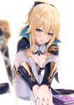  1girl ayul_(ayulneri_92) bangs blonde_hair blue_capelet blurry blush book breasts capelet cleavage depth_of_field genshin_impact highres jean_gunnhildr knees_up large_breasts long_hair looking_at_viewer multicolored_capelet open_mouth pants ponytail sidelocks simple_background sitting sword tight tight_pants weapon white_background white_pants 