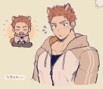  /\/\/\ 1boy ? animal_ears bara blush cat_boy cat_ears chest chibi chibi_inset cropped_torso haozz hood hoodie light_brown_hair looking_at_viewer male_focus muscle original short_hair smile solo sweatdrop thought_bubble yaoi 