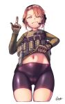  1girl absurdres bayonet bike_shorts dragoncastle gloves headset highres lifted_by_self load_bearing_vest looking_at_viewer magazine_(weapon) middle_finger navel orange_hair original pantylines sheath sheathed shirt_lift short_hair smirk solo white_background 