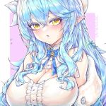  1girl :o bangs blue_hair blush breasts cleavage close-up dated elf hololive kupa_(jesterwii) large_breasts long_pointy_ears looking_at_viewer open_mouth pointy_ears solo virtual_youtuber yellow_eyes yukihana_lamy 