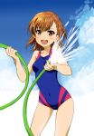  1girl :d absurdres bangs bare_arms bare_shoulders blue_sky blue_swimsuit breasts brown_eyes brown_hair cloud cloudy_sky collarbone commentary_request covered_navel day eyebrows_visible_through_hair hair_between_eyes highres holding hose long_hair looking_at_viewer misaka_mikoto one-piece_swimsuit open_mouth outdoors school_swimsuit sky small_breasts smile solo standing swimsuit taka_(takahirokun) to_aru_kagaku_no_railgun to_aru_majutsu_no_index upper_teeth water 