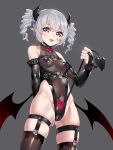  1girl bare_shoulders between_legs bridal_gauntlets bronya_zaychik collar commentary_request covered_navel covered_nipples demon_girl demon_horns demon_tail demon_wings drill_hair elbow_gloves eyebrows_visible_through_hair fang garter_straps ginklaga gloves grey_background grey_eyes heart_pasties highres honkai_(series) honkai_impact_3rd horns lock looking_at_viewer padlock pasties pointy_ears pubic_tattoo pussy_juice see-through silver_hair skin_fang skindentation solo tail tail_between_legs tattoo wings 