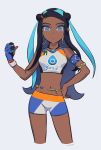  1girl armlet artist_name belly_chain bike_shorts black_hair blue_eyes blue_eyeshadow chiyo_(ppp_808) commentary_request dark_skin dark_skinned_female dive_ball dynamax_band earrings eyeshadow gloves grey_background gym_leader hand_on_hip hand_up highres holding holding_poke_ball hoop_earrings jewelry long_hair looking_at_viewer makeup multicolored_hair navel necklace nessa_(pokemon) parted_lips poke_ball pokemon pokemon_(game) pokemon_swsh single_glove solo two-tone_hair watermark 