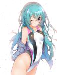  1girl alternate_hairstyle aqua_eyes aqua_hair arms_behind_back bare_hips breasts commentary_request cowboy_shot grey_jacket hair_down harukawa_(hal501) hatsune_miku highleg highleg_swimsuit highres hood hooded_jacket hoodie jacket long_hair looking_at_viewer one_eye_closed simple_background small_breasts solo standing swimsuit vocaloid white_background white_swimsuit 