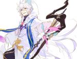  1boy fate_(series) hair_between_eyes hair_ornament holding holding_staff hooded_robe long_hair long_sleeves male_focus merlin_(fate) pako pink_eyes robe smile solo staff very_long_hair white_hair white_robe wind wind_lift 