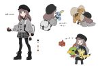  0_0 1girl alternate_costume alternate_eye_color alternate_hair_length alternate_hairstyle black_footwear black_gloves black_headwear black_legwear blush boots brown_hair cardigan chiyo_(ppp_808) closed_mouth collared_shirt color_guide dynamax_band gen_1_pokemon gen_2_pokemon gen_4_pokemon gen_6_pokemon gen_8_pokemon gloria_(pokemon) gloves grey_cardigan grey_eyes growlithe hat helioptile highres holding holding_poke_ball holding_pokemon long_hair looking_at_viewer natu pantyhose poke_ball poke_ball_(basic) pokemon pokemon_(creature) pokemon_(game) pokemon_swsh rotom rotom_phone shirt skirt sobble starter_pokemon translation_request 