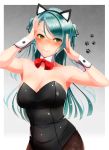  1girl @_@ alternate_costume animal_ears aqua_hair bang_dream! bangs blush bow bowtie breasts cat_ears cleavage detached_collar embarrassed fake_animal_ears green_eyes highres hikawa_sayo kiko_(okuwae) large_breasts long_hair looking_at_viewer playboy_bunny red_neckwear solo swept_bangs two_side_up wrist_cuffs 