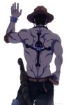  1boy ass back back_tattoo black_hair black_shorts dagger from_behind hat highres male_focus one_piece orange_belt pinattsu portgas_d_ace sheath short_hair shorts simple_background solo tattoo toned toned_male waving weapon whitebeard_pirates 