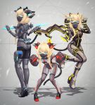  3girls absurdres animal_ear_fluff animal_ears blonde_hair blue_eyes bodysuit braid breasts cat_ears cat_tail commentary_request eyebrows_visible_through_hair full_body grey_background gun handgun highres holster huge_filesize impossible_bodysuit impossible_clothes knife looking_at_viewer mecha_musume multiple_girls ninja_mask original oversized_forearms oversized_limbs paw_pose ribbon shadow shiny shiny_clothes small_breasts tail tail_ribbon thigh_holster weapon yumikoyama49 
