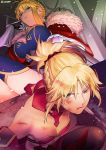  2girls ahoge artoria_pendragon_(all) artoria_pendragon_(lancer) artoria_pendragon_(lancer_alter) bandeau bangs bare_shoulders blonde_hair blood blood_on_face blue_legwear braid breasts bruise bruise_on_face cape cleavage commentary_request crossed_legs crown crown_braid fate/apocrypha fate/grand_order fate_(series) french_braid fur-trimmed_cape fur_trim gauntlets green_eyes hair_between_eyes hair_ornament hair_scrunchie hand_on_own_cheek highres injury large_breasts mordred_(fate) mordred_(fate)_(all) multiple_girls ponytail red_cape red_scrunchie scrunchie sidelocks sitting small_breasts thighs throne tile_floor tiles twitter_username yatsuashimon 
