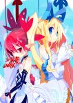  accessory armwear blonde_hair blue_eyes blue_ribbon bouquet choker clothed clothing demon disgaea dress duo elbow_gloves etna_(disgaea) eyebrow_through_hair eyebrows female fingerless_gloves flat_chested flonne gloves hair hair_accessory hair_ribbon handwear hi_res human humanoid humanoid_pointy_ears jewelry looking_at_viewer mammal miyakawa106 necklace not_furry red_eyes red_hair ribbons simple_background smile tied_hair translucent translucent_hair veil video_games wedding_dress 