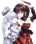  2girls antique_firearm arm_up bangs bare_shoulders black_hair blue_eyes blush breasts cleavage clock_eyes commentary covered_collarbone cowboy_shot date_a_live detached_sleeves dress firearm floating_hat gun hairband handgun hat heterochromia highres holding holding_gun holding_weapon large_breasts lolita_fashion lolita_hairband long_hair long_sleeves looking_at_another medium_breasts multiple_girls open_mouth pistol ramyun_sari red_dress red_eyes red_ribbon ribbon simple_background smile sweatdrop symbol-shaped_pupils tokisaki_kurumi twintails upper_teeth weapon white_background white_queen_(date_a_live) yellow_eyes 