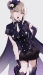  1girl artoria_pendragon_(all) asymmetrical_gloves bangs black_bow black_legwear black_ribbon black_shorts bow cape dress_shirt elbow_gloves fate/stay_night fate_(series) garter_straps gloves grey_background hair_between_eyes hair_bow hand_on_hip hand_on_lap hand_on_own_leg hat highres leaning_to_the_side makeup mascara meltymaple mini_hat neck_ribbon open_mouth purple_cape purple_gloves ribbon saber_alter shiny shiny_hair shiny_skin shirt short_hair_with_long_locks short_shorts shorts sidelocks silver_hair solo standing striped striped_bow thighhighs white_shirt yellow_eyes 