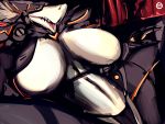  4:3 absurd_res anthro big_breasts breasts cybernetics cyborg dirtyscoundrel female gear(dirtyscoundrel) hi_res huge_breasts machine science_fiction sergal smile solo spread_legs spreading straps tongue tongue_out 