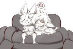 anthro big_ears bottomwear breath clothed clothing controller duo fan_character female fur furniture hair humanoid junyois league_of_legends male mammal panting remote_control riot_games shirt simple_background sitting sofa speech_bubble topwear video_games yordle 