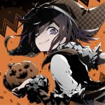  1boy alternate_costume black_hair checkered checkered_headwear commentary_request danganronpa dated frills from_side grin halloween halloween_costume hat holding jack-o&#039;-lantern jester jester_cap long_sleeves looking_at_viewer male_focus medium_hair new_danganronpa_v3 one_eye_closed orange_background ouma_kokichi pumpkin short_over_long_sleeves short_sleeves signature smile solo u_u_ki_u_u upper_body witch_hat 
