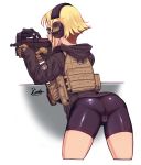  1girl absurdres ass bike_shorts blonde_hair bullpup dragoncastle escape_from_tarkov gloves goggles gun headset highres hood hoodie load_bearing_vest original p90 pantylines plate_carrier short_hair solo submachine_gun weapon white_background 
