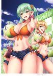  3girls absurdres akizuki_akina artist_name bangs bare_shoulders bikini bikini_under_clothes blonde_hair blue_sky breasts brown_eyes buttons cleavage cloud cloudy_sky collarbone day eyebrows_visible_through_hair food front-tie_bikini front-tie_top fruit green_eyes green_hair hair_ornament hair_scrunchie highres holding large_breasts looking_at_viewer multiple_girls navel outdoors page_number purple_hair scan scrunchie shiny shiny_hair shiny_skin short_shorts shorts side-tie_bikini side_ponytail sky sleeveless stomach swimsuit thighs tied_hair twintails watermelon wrist_scrunchie 