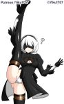  1girl bangs boots breasts flexible highres knee_boots large_breasts leg_up nier_(series) nier_automata panties simple_background solo split standing standing_on_one_leg standing_split thighhighs thighs underwear white_background yiku1707 