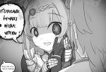  1boy 1girl aether_(genshin_impact) alphthelad blush earrings empty_eyes english_text genshin_impact greyscale hand_on_another&#039;s_face holding_hands jewelry maid monochrome noelle_(genshin_impact) short_hair simple_background smile speech_bubble white_background yandere 