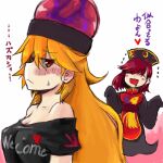  2girls bangs bare_shoulders black_shirt blush breasts closed_eyes closed_mouth clothes_writing cosplay costume_switch eyebrows_visible_through_hair eyes_visible_through_hair hair_between_eyes hecatia_lapislazuli hecatia_lapislazuli_(cosplay) junko_(touhou) junko_(touhou)_(cosplay) long_hair long_sleeves looking_at_viewer medium_breasts medium_hair multiple_girls off_shoulder one-hour_drawing_challenge open_mouth orange_hair red_eyes red_hair shirt short_sleeves simple_background smile su_gata t-shirt tabard touhou translation_request upper_body white_background wide_sleeves 