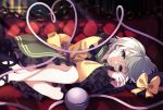  1girl blurry blurry_background bow commentary_request dise frilled_sleeves frills hat hat_bow heart heart_of_string highres indoors komeiji_koishi light_rays long_sleeves looking_at_viewer lying on_side open_mouth shirt short_hair silver_hair skirt solo third_eye touhou wide_sleeves yellow_bow 