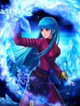  1girl bangs belt blue_hair bodysuit breasts gloves glowing highres ice kula_diamond long_hair medium_breasts official_art purple_eyes simple_background snowflakes the_king_of_fighters the_king_of_fighters_all-stars zipper 