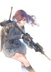  1girl assault_rifle backpack bag brown_hair camouflage daito foregrip gloves gun hair_ornament hairclip headset headset_removed holding holding_gun holding_weapon machete military original partially_fingerless_gloves ponytail rifle school_uniform sheath sheathed solo trigger_discipline weapon white_background 