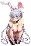  1girl ahoge animal_ears black_legwear blue_eyes blush bow bowtie breasts bunny_ears cleavage covered_nipples eyebrows_visible_through_hair fake_animal_ears full_body large_breasts leotard long_hair looking_at_viewer open_mouth pink_leotard pink_neckwear playboy_bunny senki_zesshou_symphogear shiny shiny_hair simple_background solo thighhighs tsukamoto_kensuke twintails white_background white_hair yukine_chris 