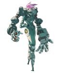  1girl absurdres armor blue_eyes bodysuit cyberpunk cyborg extra_arms fang full_body grin hands_on_hips highres joints koutetu_yarou looking_at_viewer multicolored_hair original pink_hair robot_joints smile solo streaked_hair white_background white_hair 