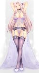  1girl :o anklet areolae armpits arms_behind_head arms_up black_choker black_legwear breasts choker cleavage eyebrows_visible_through_hair fate/zero fate_(series) full_body garter_belt garter_straps halterneck high_heels highres irisviel_von_einzbern ixmmxi jewelry large_breasts long_hair looking_at_viewer navel necklace nipples no_panties open_mouth pink_hair pussy red_eyes royal_icing see-through sidelocks solo thighhighs white_footwear 