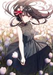  1girl ahoge black_dress black_hair black_ribbon breasts dress earrings eyebrows_visible_through_hair field floating_hair floral_print flower flower_field hair_flower hair_ornament hair_ribbon highres holding holding_flower jewelry koh_rd long_hair looking_at_viewer nail_polish original pale_skin pink_eyes pink_nails red_ribbon ribbon sidelocks sleeveless sleeveless_dress small_breasts smile solo standing 