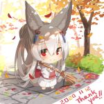  1girl animal_ear_fluff animal_ears autumn_leaves bamboo_broom bangs barefoot blush broom chibi closed_mouth dated day eyebrows_visible_through_hair fox_ears fox_girl fox_tail full_body grey_hair hair_between_eyes hair_ornament holding holding_broom japanese_clothes kimono long_hair long_sleeves obi original outdoors patches ponytail red_eyes sash smile solo standing tail thank_you tree very_long_hair white_background white_kimono wide_sleeves yuuji_(yukimimi) 