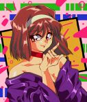  1990s_(style) 1girl bare_shoulders breasts brown_hair cleavage collarbone headband highres kanzaki_sumire looking_to_the_side mole mole_under_eye pointing potiri02 sakura_taisen short_hair smile solo white_headband 