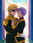  2boys artist_name blonde_hair blue_eyes blush commentary commission dancing dorel_ronah english_commentary eye_contact eyepatch film_grain gloves gundam gundam_f91 hand_on_another&#039;s_chest highres long_sleeves looking_at_another male_focus moldy_(artist) multiple_boys parted_lips purple_hair purple_nails short_hair signature smile uniform very_short_hair white_gloves window yaoi zabine_chareux 