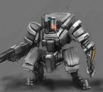  absurdres bottoms1237 glowing glowing_eyes grey_background gun highres holding holding_gun holding_weapon looking_to_the_side mecha no_humans open_hand original science_fiction solo standing weapon 