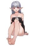  1girl bandeau bangs bare_legs bare_shoulders barefoot black_nails black_sleeves boridongja collarbone detached_sleeves dungeon_and_fighter feet frilled_bandeau frills full_body grey_hair highres knees_up long_hair parted_lips pointy_ears red_eyes signature simple_background sitting solo white_background 