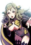  1girl ahoge arm_up blonde_hair breasts cape circlet cloak fire_emblem fire_emblem_fates fire_emblem_heroes grey_eyes holding holding_cape kokouno_oyazi long_hair looking_at_viewer medium_breasts open_mouth ophelia_(fire_emblem) reaching_out 