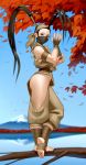  1girl absurdres antenna_hair ass brown_eyes commentary highres ibuki_(street_fighter) kairunoburogu looking_at_viewer mask mouth_mask soles solo standing street_fighter street_fighter_iii_(series) thighs tree_branch 