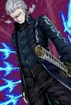  1boy devil_may_cry energy_sword floating_swords grey_hair highres looking_ahead sheath sheathed shimure_(460) smirk solo sword v-shaped_eyebrows vergil weapon yellow_eyes 